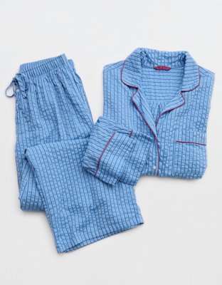 OVERSLEPT by Aerie Seersucker Long Sleeve Shirt - Horizon Sky