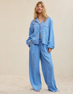 OVERSLEPT by Aerie Seersucker Long Sleeve Shirt - Horizon Sky