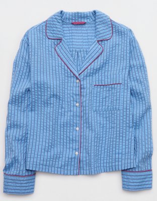 OVERSLEPT by Aerie Seersucker Long Sleeve Shirt - Horizon Sky