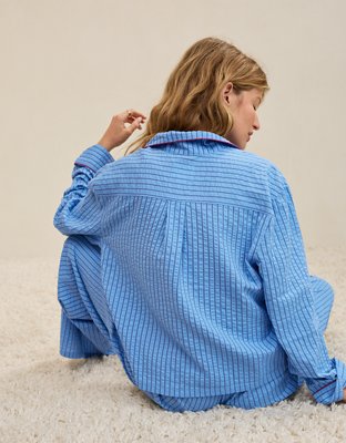 OVERSLEPT by Aerie Seersucker Long Sleeve Shirt - Horizon Sky