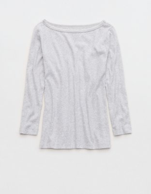 OVERSLEPT by Aerie Pointelle Elbow Sleeve Top - Light Heather Gray