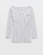 OVERSLEPT by Aerie Pointelle Elbow Sleeve Top - Light Heather Gray