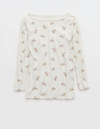 OVERSLEPT by Aerie Pointelle Elbow Sleeve Top - Cream