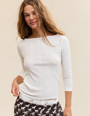 OVERSLEPT by Aerie Pointelle Elbow Sleeve Top - Soft Muslin