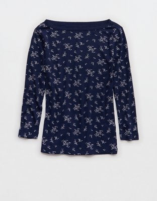 OVERSLEPT by Aerie Pointelle Elbow Sleeve Top - Navy