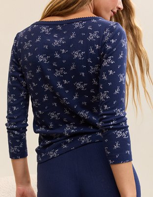 OVERSLEPT by Aerie Pointelle Elbow Sleeve Top - Navy