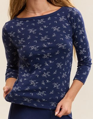 OVERSLEPT by Aerie Pointelle Elbow Sleeve Top - Navy