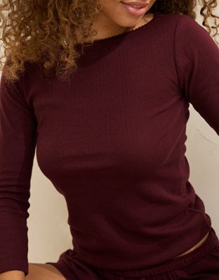 OVERSLEPT by Aerie Pointelle Elbow Sleeve Top - Royal Berry