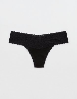 Superchill Vintage Lace Cotton Thong Underwear - True Black