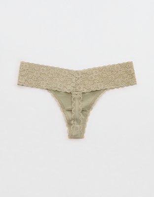 Superchill Vintage Lace Cotton Thong Underwear - Faded Olive