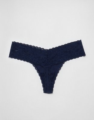 Superchill Vintage Lace Cotton Thong Underwear - Navy
