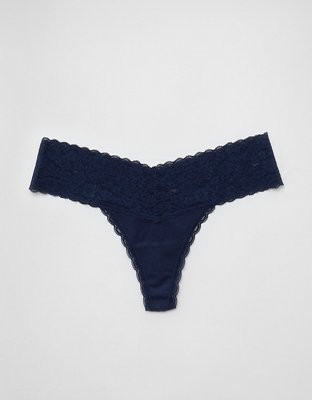 Superchill Vintage Lace Cotton Thong Underwear - Navy