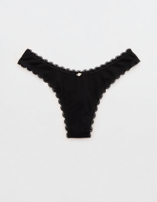 Superchill Cotton Pointelle Lace Thong Underwear - True Black