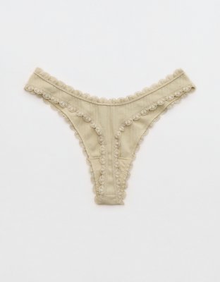 Superchill Cotton Pointelle Lace Thong Underwear - Green Sheen