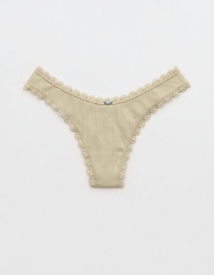 Superchill Cotton Pointelle Lace Thong Underwear - Green Sheen