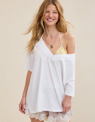 Aerie Basic V-Neck Boyfriend T-Shirt - Air White