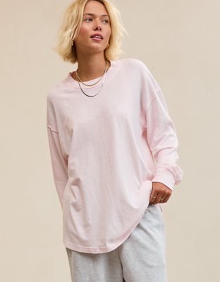Aerie Cozy Oversized Long Sleeve Boyfriend T-Shirt - Pink Petal