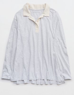 Aerie Cozy Polo Boyfriend T-Shirt - Light Heather Gray