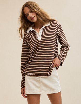 Aerie Cozy Polo Boyfriend T-Shirt - Deep Earth