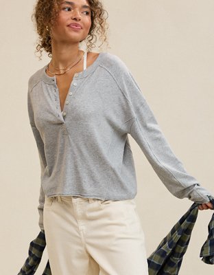 Aerie Happy Snit Henley T-Shirt - Medium Heather Gray