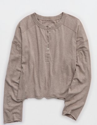 Aerie Happy Snit Henley T-Shirt - Heathered Taupe