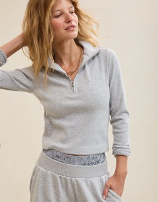 Aerie Long Sleeve Quarter Zip T-Shirt - Medium Heather Gray