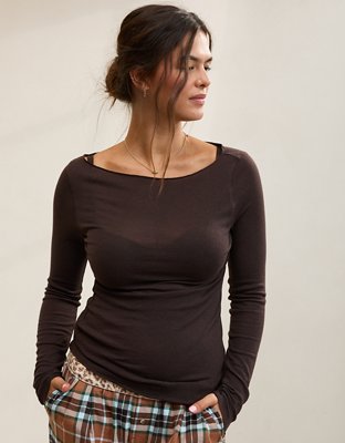 Aerie Sheer Happiness Boatneck T-Shirt - Deep Earth
