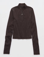 Aerie Long Sleeve Quarter Zip T-Shirt - Deep Earth