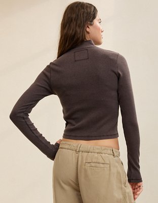 Aerie Long Sleeve Quarter Zip T-Shirt - Deep Earth