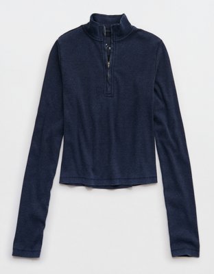 Aerie Long Sleeve Quarter Zip T-Shirt - Navy