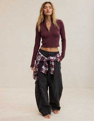 Aerie Long Sleeve Quarter Zip T-Shirt - Royal Berry