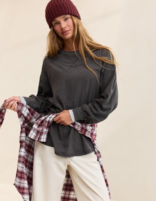 Aerie Cozy Oversized Long Sleeve Boyfriend T-Shirt - Smoked Gray