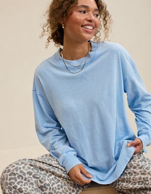 Aerie Cozy Oversized Long Sleeve Boyfriend T-Shirt - Cloudy Blue