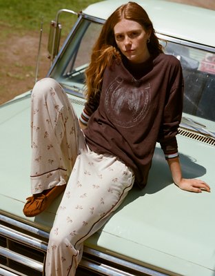 Aerie Cozy Oversized Long Sleeve Boyfriend T-Shirt - Brown
