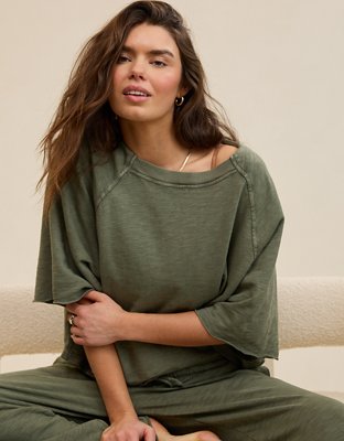 Aerie It's Casual Knit Slub T-Shirt - Olive Fun