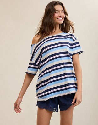 Aerie Off The Shoulder Oversized Boyfriend T-Shirt - Navy