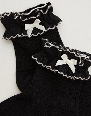 Aerie Double Ruffle Bow Quarter Socks - True Black