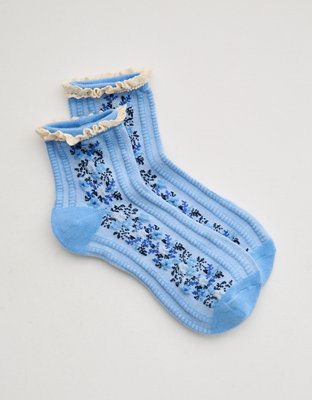 Aerie Ruffle Floral Quarter Socks - Monaco Blue