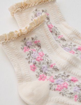 Aerie Ruffle Floral Quarter Socks - Hushed Violet