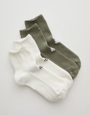 Aerie Icon Embriodered Quarter Socks - Faded Olive