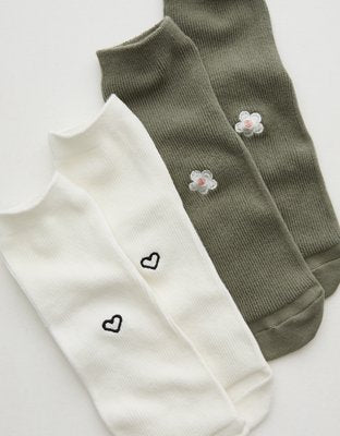 Aerie Icon Embriodered Quarter Socks - Faded Olive