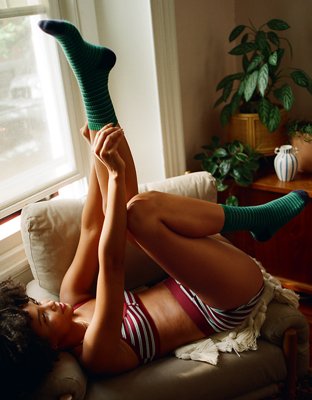 Aerie Striped Crew Socks - Green Alpine