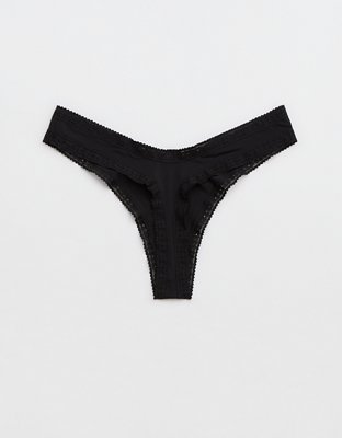 SMOOTHEZ Microfiber Lace High Cut Thong Underwear - True Black