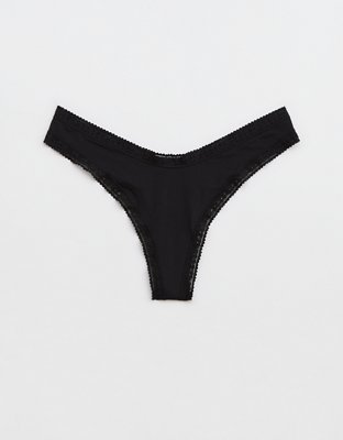 SMOOTHEZ Microfiber Lace High Cut Thong Underwear - True Black