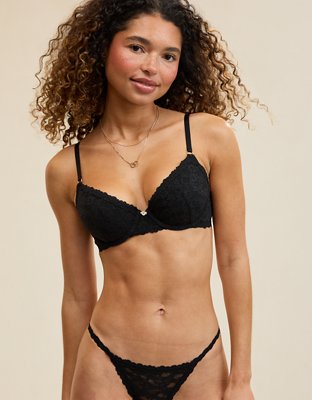 Show Off Vintage Lace Plunge Push Up Bra - True Black