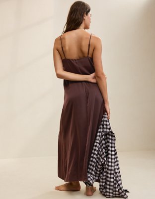 OVERSLEPT by Aerie Liquid Satin Maxi Slip Dress - Deep Earth