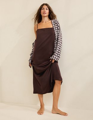 OVERSLEPT by Aerie Liquid Satin Maxi Slip Dress - Deep Earth